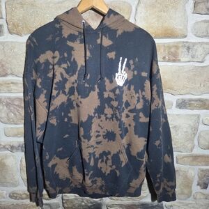 Bowery Supply Co Hoodie XL Mens Black Brown Acid Wash Bleach Dye Skeleton Peace